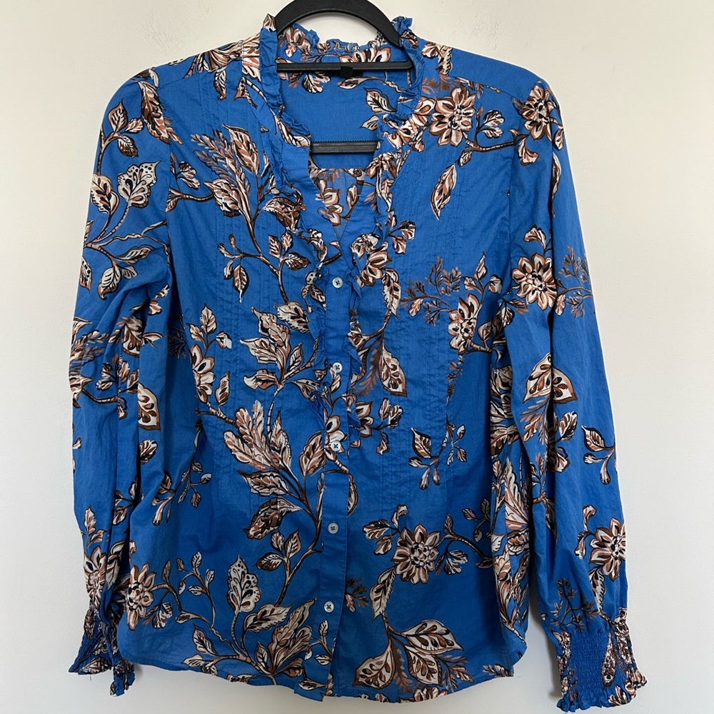 Talbots Blue Floral Ruffle Collar Button Blouse with Pintuck Detail‎ Size Large